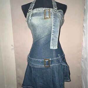 Fashionnova Stylish Denim Halter Dress with Belt